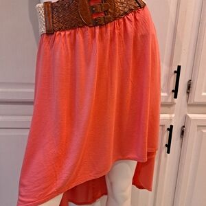 Rue21 High-Low Coral Skirt W/Woven Brown Belt & Elastic Crocheted Lace Waistband